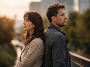 Zwei erwachsene Menschen stehen Rücken an Rücken in einer städtischen Umgebung