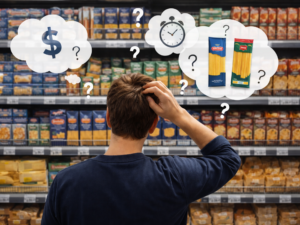 Person steht im Supermarkt vor vielen Nudelsorten und wirkt unschlüssig. Gedankensymbole über dem Kopf zeigen typische Entscheidungsspiralen bei ADHS.