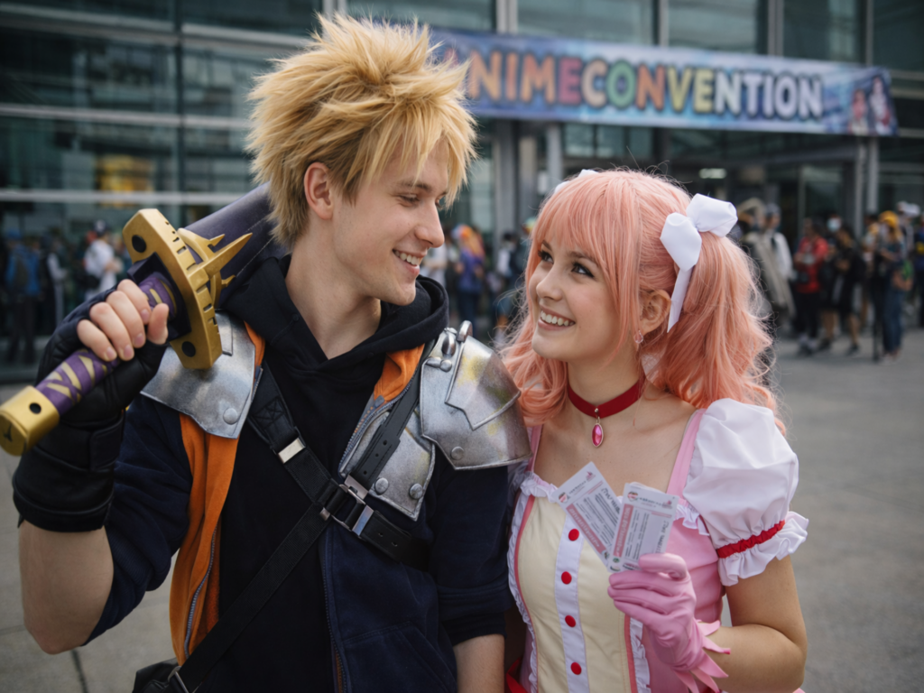 Zwei junge Erwachsene im Cosplay vor einer Anime-Convention, sie halten Eintrittskarten vor dem Eingang der Veranstaltung