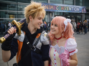 Zwei junge Erwachsene im Cosplay vor einer Anime-Convention, sie halten Eintrittskarten vor dem Eingang der Veranstaltung
