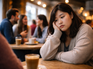 Junge asiatische Frau sitzt nachdenklich in einem Café während im Hintergrund Menschen miteinander sprechen. Symbolbild für soziale Überforderung bei Autismus und Sozialphobie.
