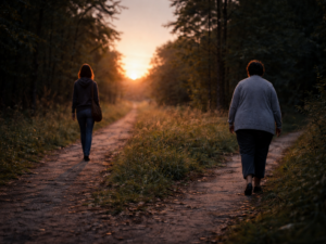 Zwei Frauen gehen auf einem Waldweg in entgegengesetzte Richtungen auseinander, symbolisch für Kontaktabbruch in einer Familie