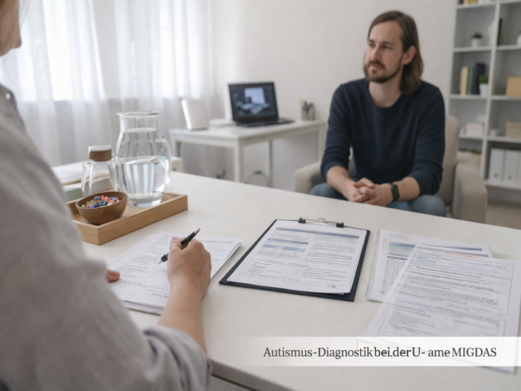 Autismus-Diagnostik bei Erwachsenen im Gespräch zwischen Therapeutin und Patient während einer strukturierten diagnostischen Sitzung