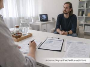 Autismus-Diagnostik bei Erwachsenen im Gespräch zwischen Therapeutin und Patient während einer strukturierten diagnostischen Sitzung