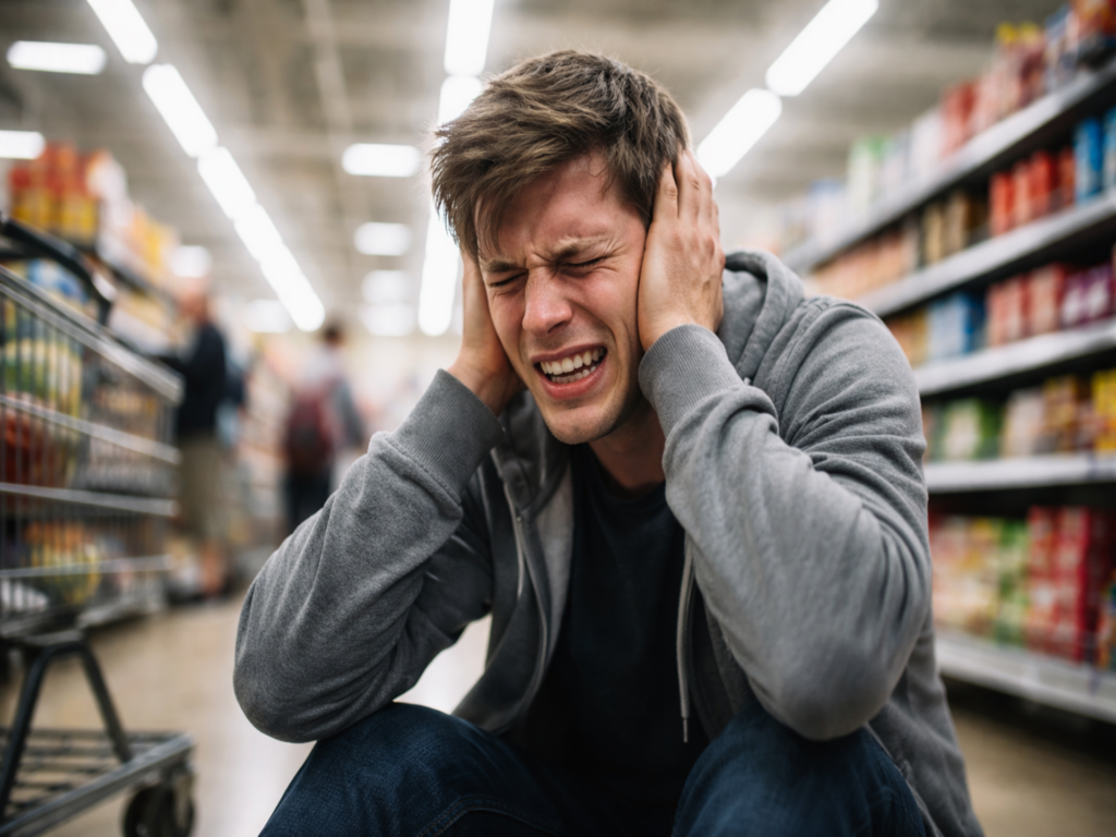 Autistischer Overload in einem Supermarkt mit vielen Reizen wie Licht, Geräuschen und Menschen