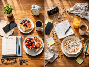 Ordentlicher und chaotischer Frühstückstisch im Vergleich als Symbol für unterschiedliche Routinen bei Autismus und ADHS