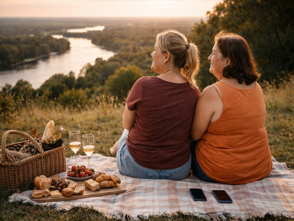 Zwei Frauen unterschiedlichen Alters sitzen auf einer Picknickdecke im Park, lachen miteinander und haben ihre Smartphones bewusst neben sich abgelegt