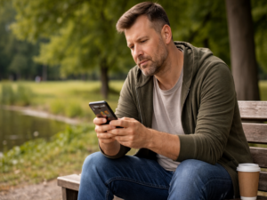 Mann mittleren Alters sitzt auf Parkbank und scrollt nachdenklich durch Social Media ( Tik Tok ) auf dem Smartphone im Grünen