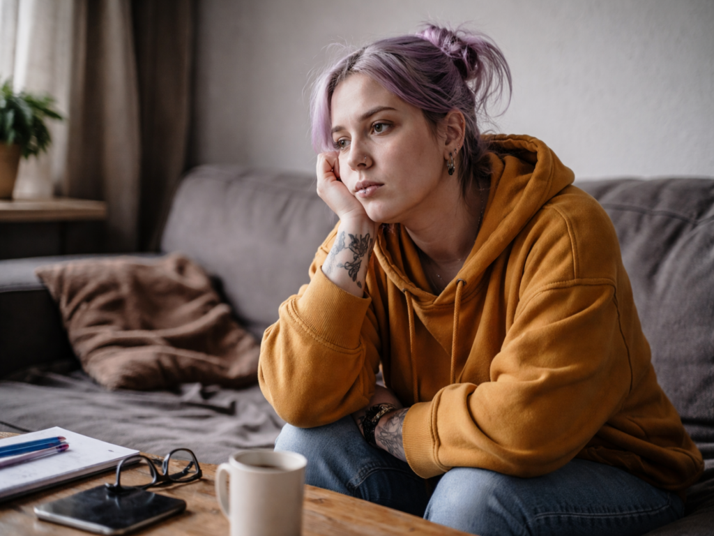 Frau sitzt nachdenklich am Tisch, Thema späte Diagnose von ASS und ADHS im Erwachsenenalter