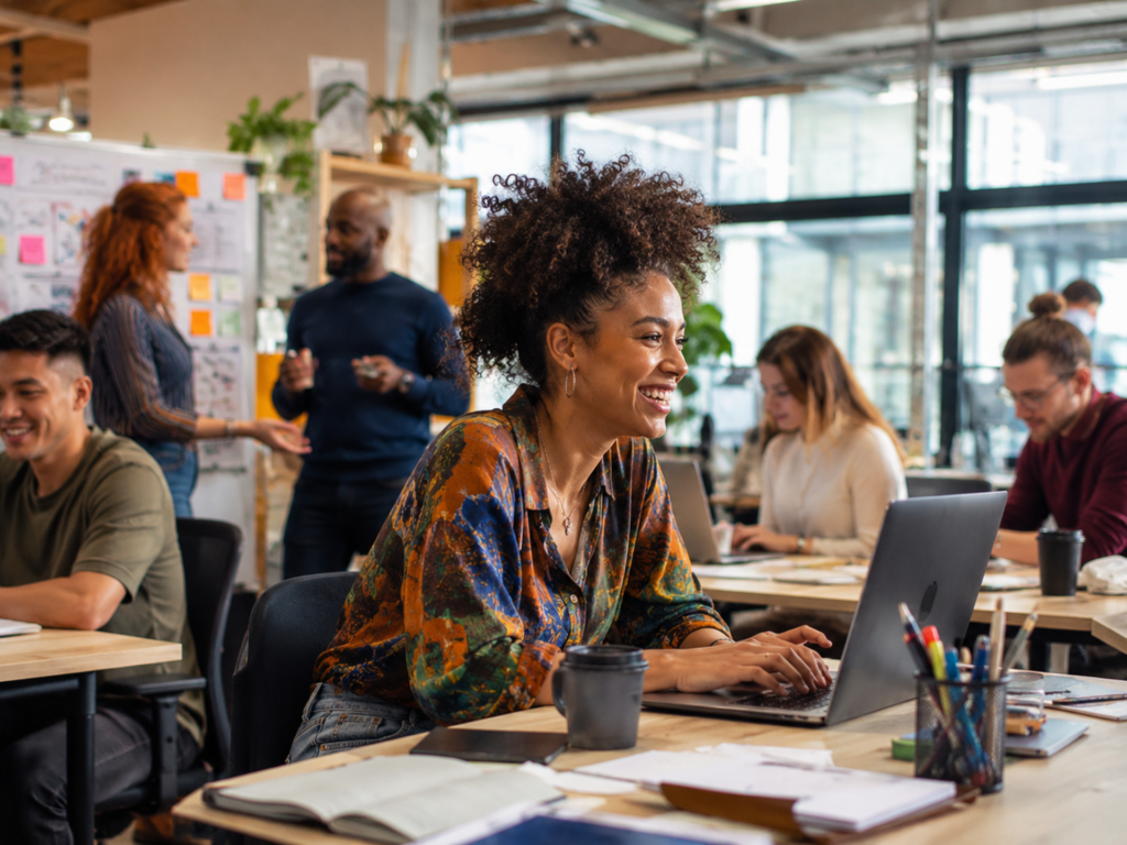 Diverse Gruppe junger Erwachsener in einem modernen Büro mit unterschiedlichen Arbeitsweisen, kreativer Atmosphäre und konzentrierter Zusammenarbeit
