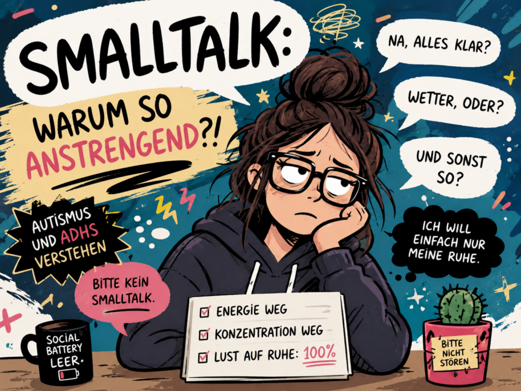 Flippige Illustration einer Flippige Illustration einer erschöpften Person mit Gesprächsblasen zum Thema Smalltalk bei Autismus und ADHS