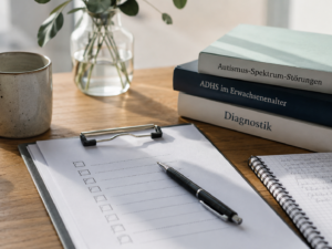 Schreibbrett mit Fragebogen und Stift neben Fachbüchern zu Autismus und ADHS als Symbol für eine strukturierte Diagnostik.