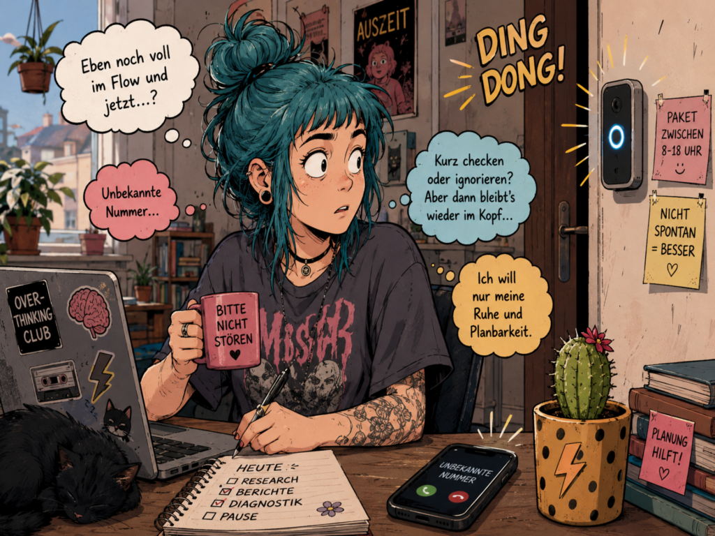 Comicartige Illustration einer jungen Frau mit türkisfarbenen Haaren, die erschrocken zur klingelnden Haustür blickt. Auf dem Schreibtisch liegen Laptop, Smartphone und Notizbuch. Gedankenblasen greifen typische Belastungen durch spontane Unterbrechungen bei Autismus und ADHS auf.