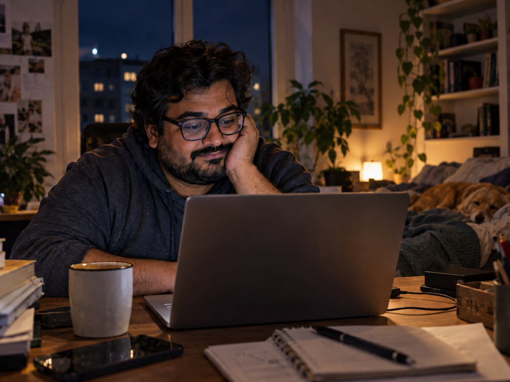 Mann sitzt nachts zu Hause vor einem Laptop und nutzt einen KI-Chat.“