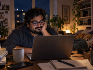 Mann sitzt nachts zu Hause vor einem Laptop und nutzt einen KI-Chat.“