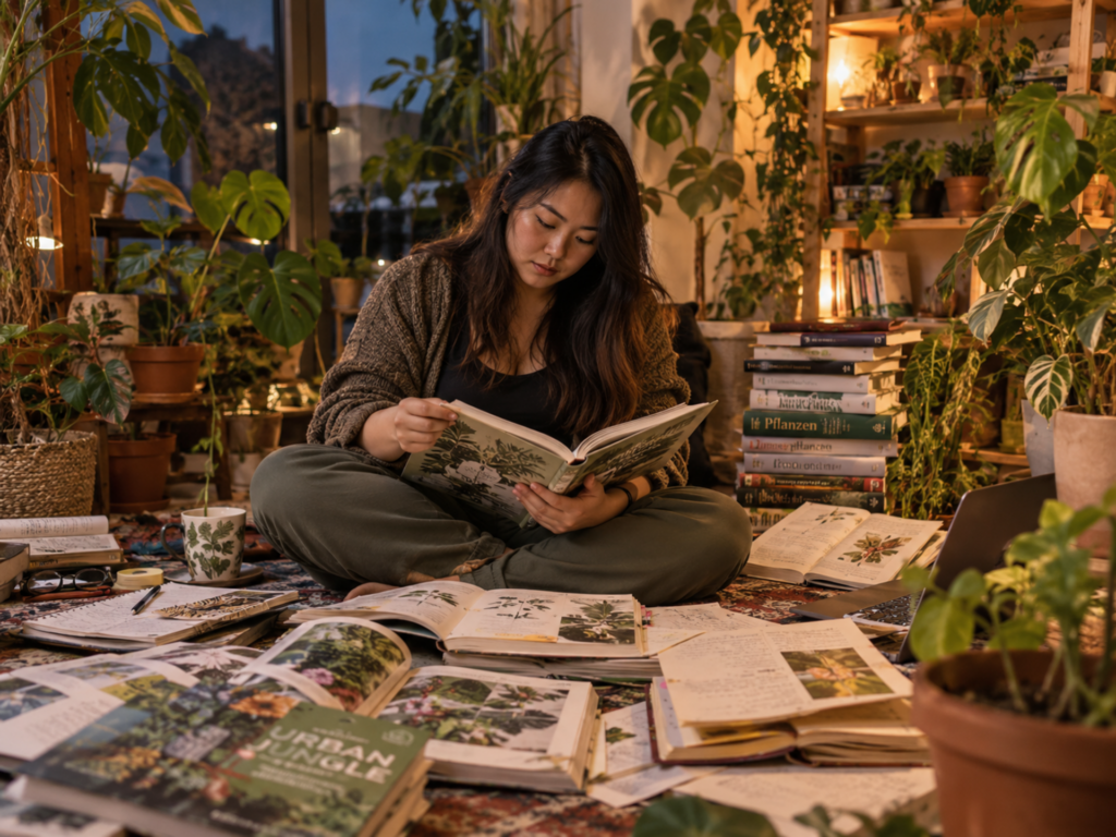 Frau sitzt im Schneidersitz zwischen Büchern und zahlreichen Pflanzen und liest konzentriert über Botanik.