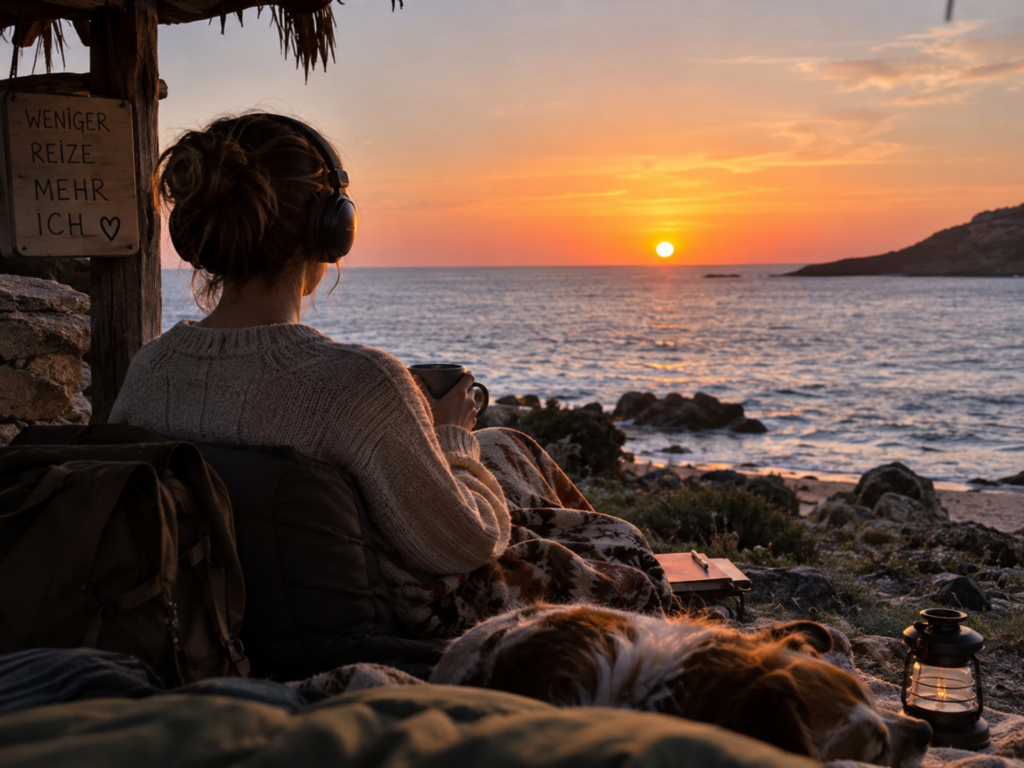 Autistische Frau mit Kopfhörern am Meer bei Sonnenuntergang als Symbol für reizarmen Urlaub