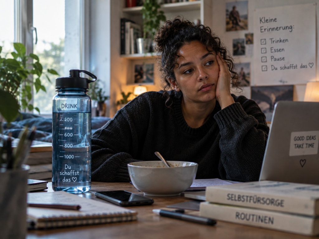 Frau am Schreibtisch mit Wasserflasche und Mahlzeit – Interozeption bei Autismus und ADHS