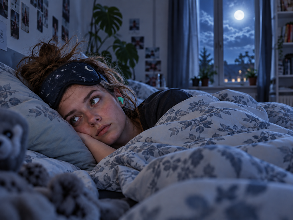 Junge Frau liegt nachts mit Schlafmaske und Ohrstöpseln wach im Bett – Schlafprobleme bei Autismus und ADHS