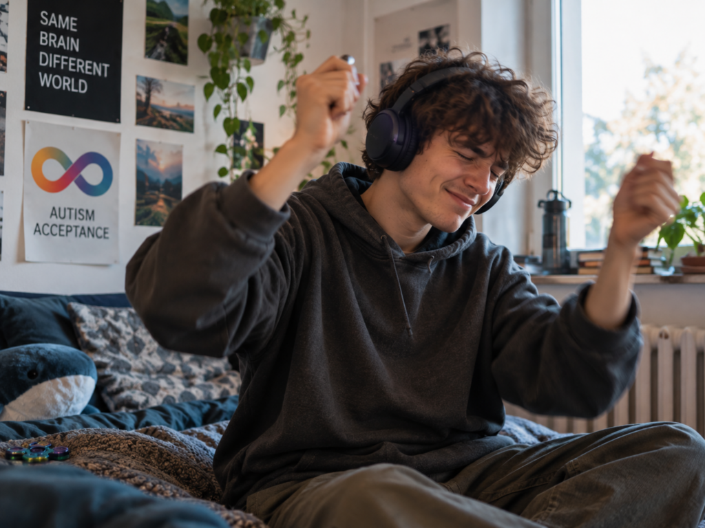 Junger autistischer Mann mit ADHS beim Stimming mit rhythmischen Handbewegungen und Kopfhörern